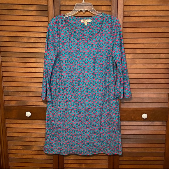 Boutique Aryeh Turquoise and Hot Pink Patterned 3/4 Length Sleeve Dress Medium - Picture 1 of 7